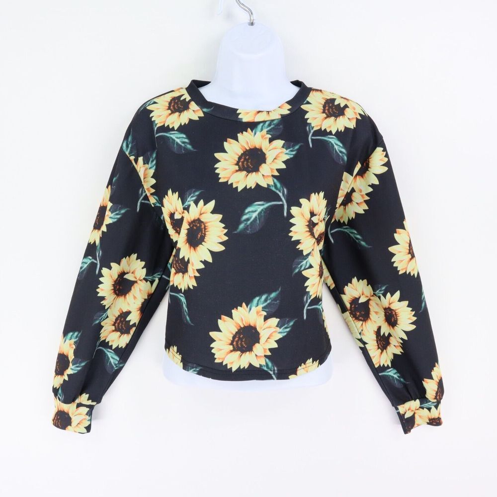 Shein Curve Cropped Shirt Womens Sz 0XL Black Yellow Sunflower STRETCH Polyester